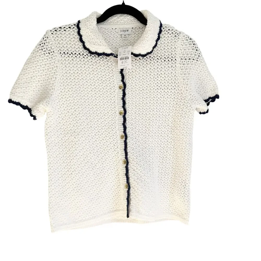 J. Crew Short-Sleeve Crochet Cardigan Sweater Ivory Ant Navy Crochet Size XS NWT